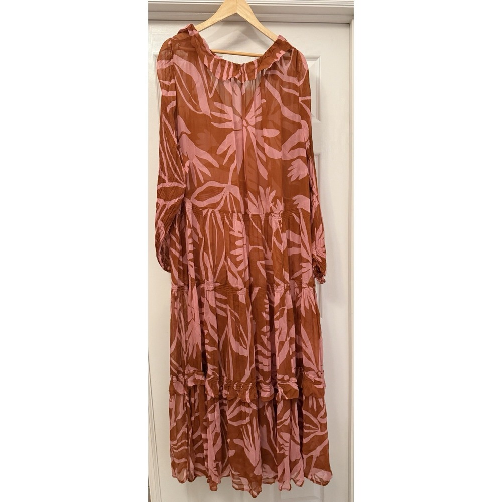 Anthropologie Maxi Dress Women 3X Terracotta Pink Abstract Floral Sheer Boho - Picture 5 of 8
